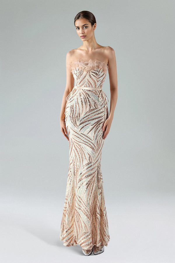Ezgi Gold Strapless Sequined Fishtail Dress