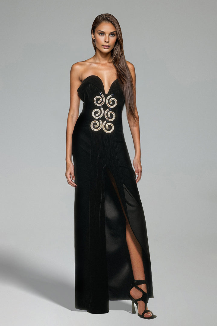 Penpe Strapless High Slit Velvet Maxi Dress