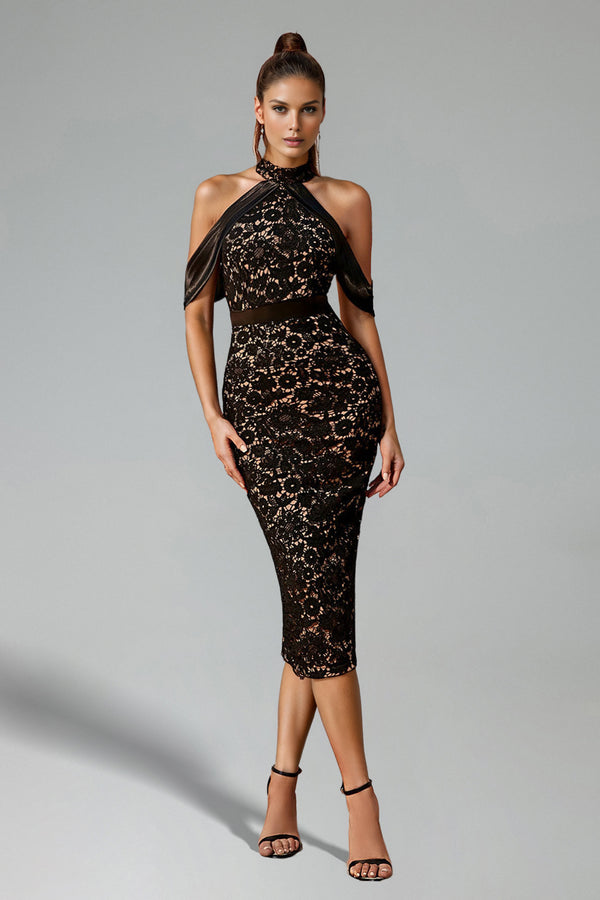 Tereza Halter Lace Bandage Midi Dress