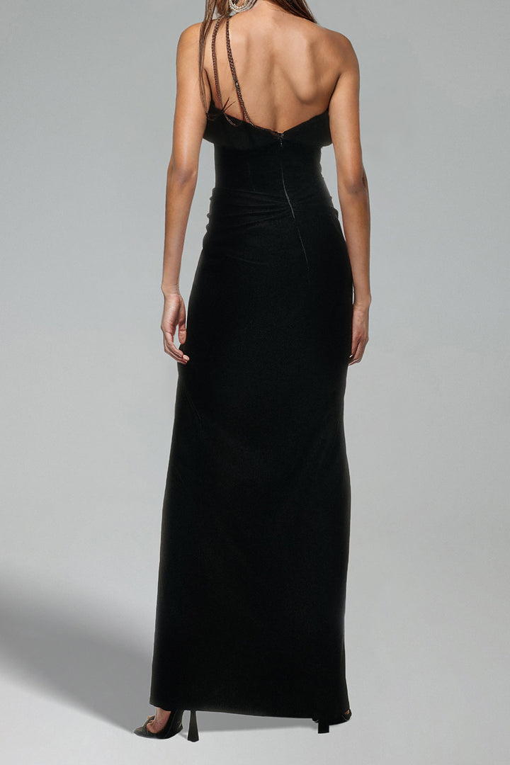 Penpe Strapless High Slit Velvet Maxi Dress