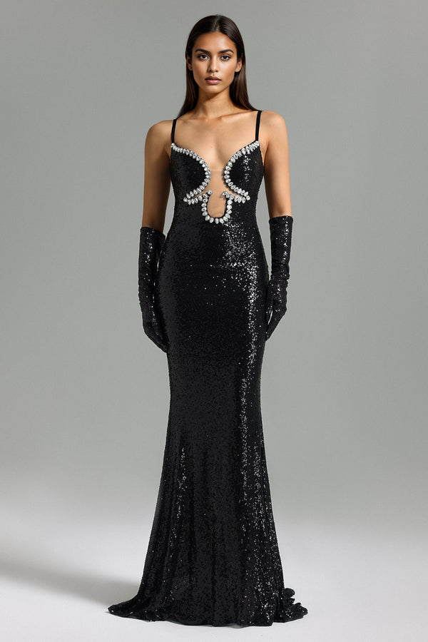 Marble Diamante Halter Sequin Maxi Dress - Black