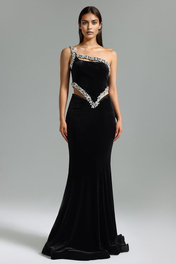 Ieesha One Shoulder Diamante Bandage Maxi Dress - Black
