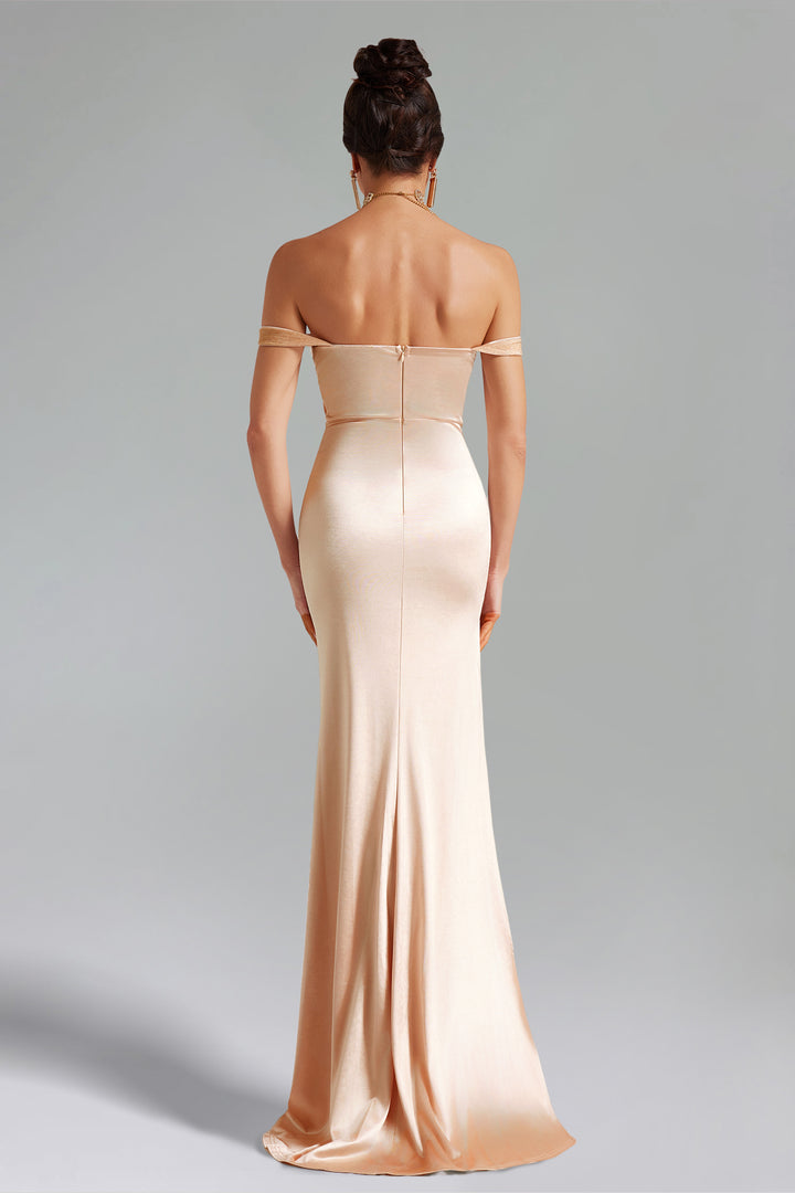 Magdalena Off Shoulder Pleated Slit Maxi Dress - Champagne