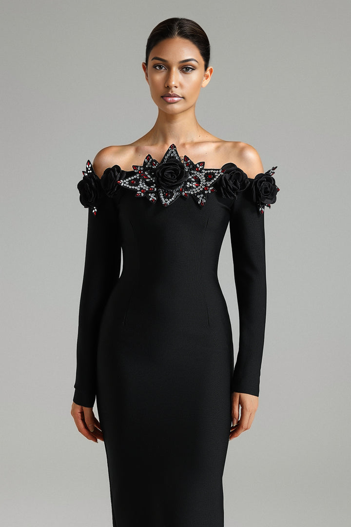 Tereza Off Shoulder Diamante Flower Midi Dress