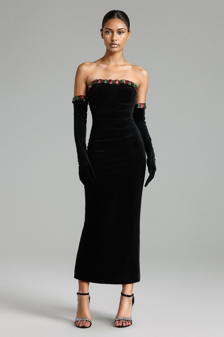 Fagaro Sequins Flower Velvet Midi Dress