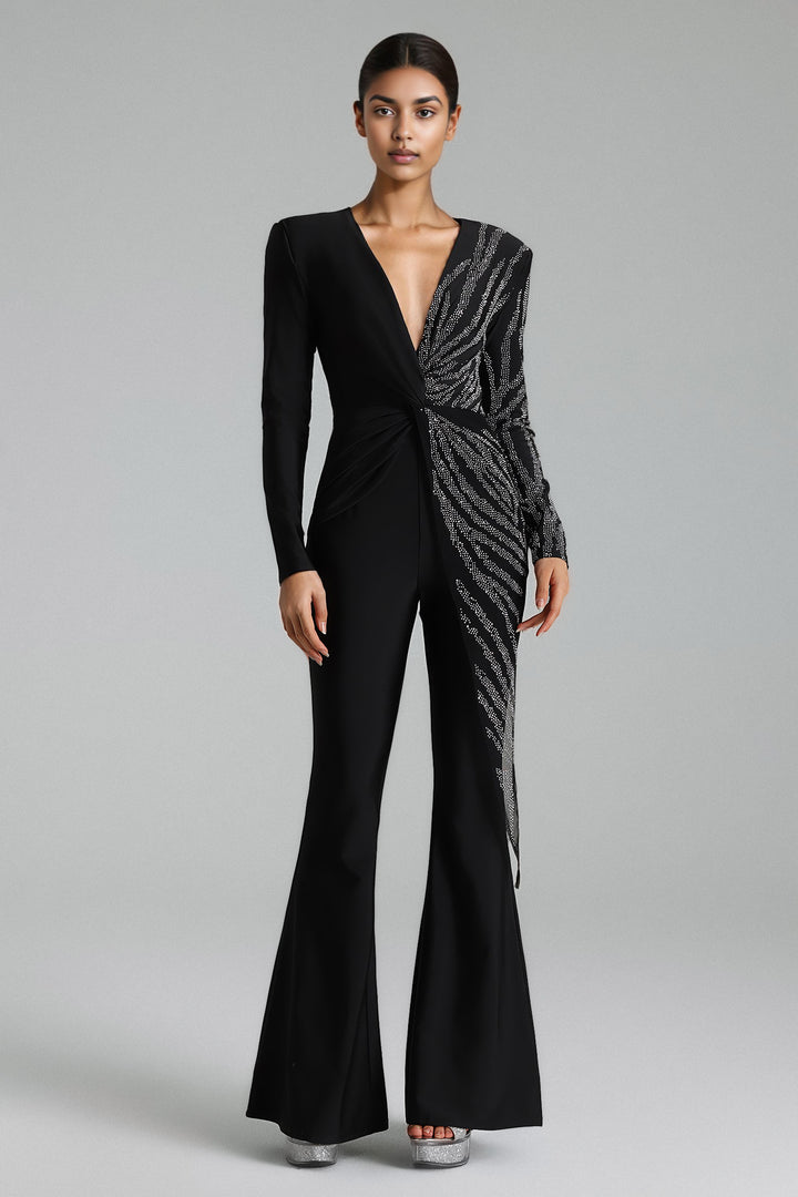 Jacqueline Sequins Deep V Jumpsuit - Black