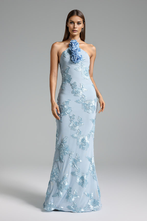 Griselda Flower Halter Embroidery Maxi Dress - Blue