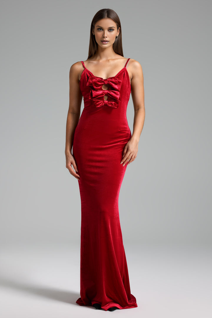 Elay Halter Bow Velvet Maxi Dress