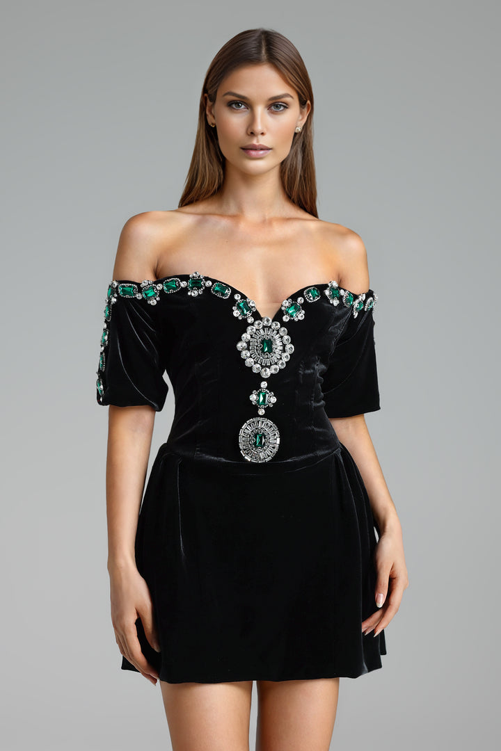 Gevjon Off Shoulder Diamond Velvet Mini Dress