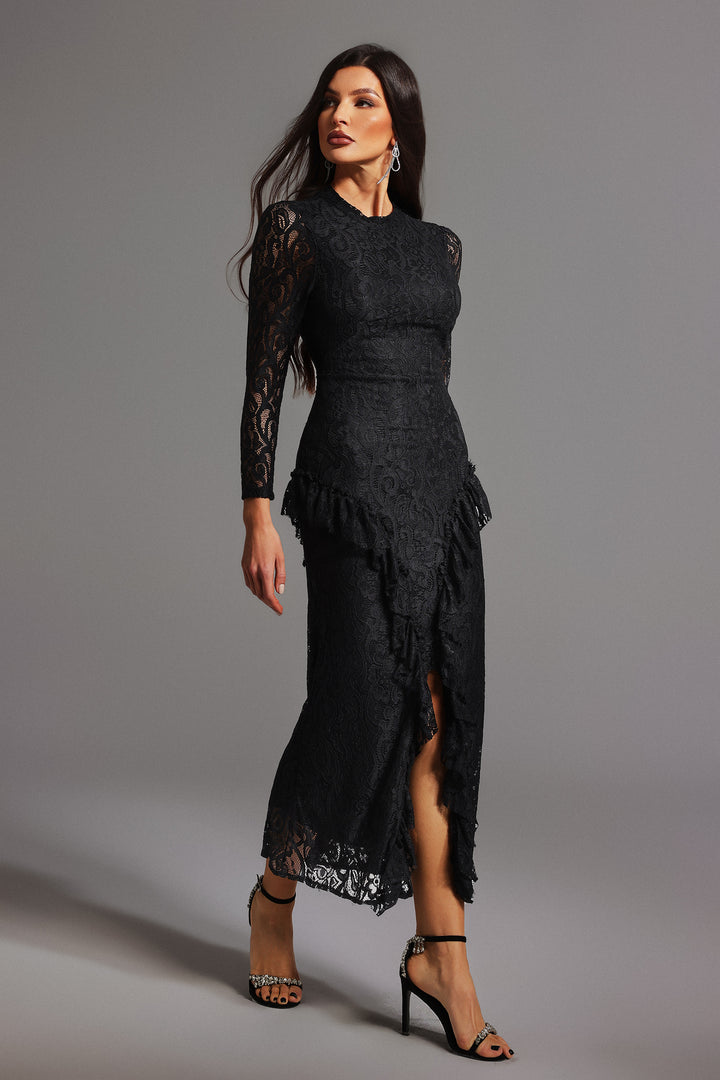 Dazie Long Sleeve Lace Flounce Slit Maxi Dress