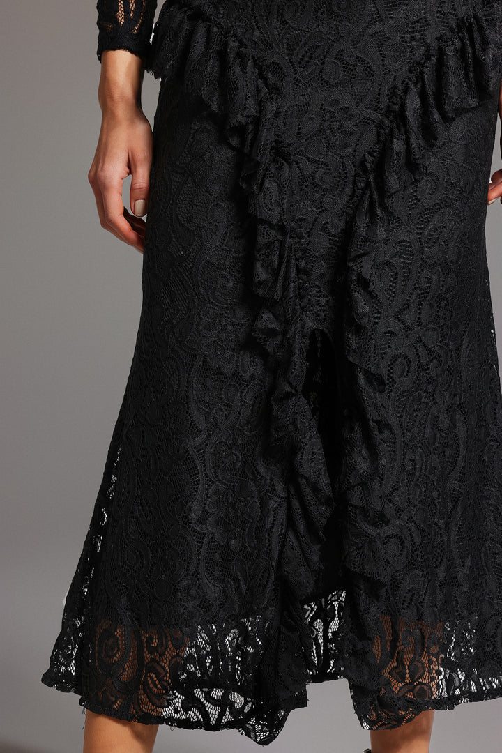 Dazie Long Sleeve Lace Flounce Slit Maxi Dress