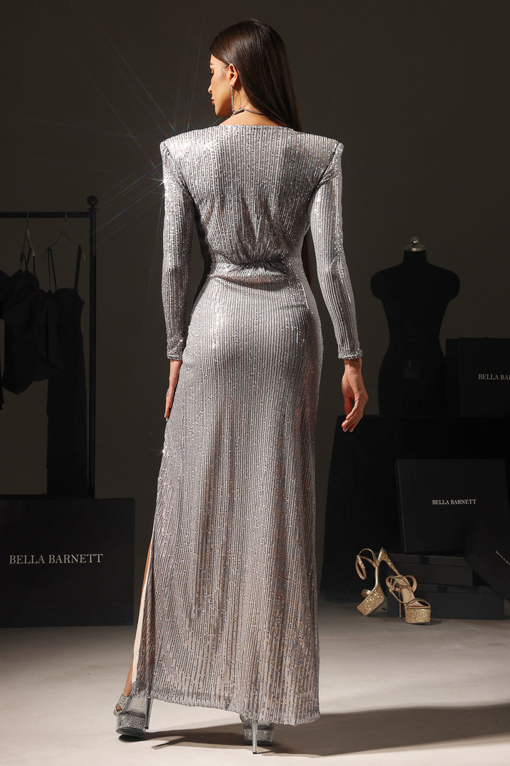 Giela Sequin Long Sleeves Deep-V Maxi Dress