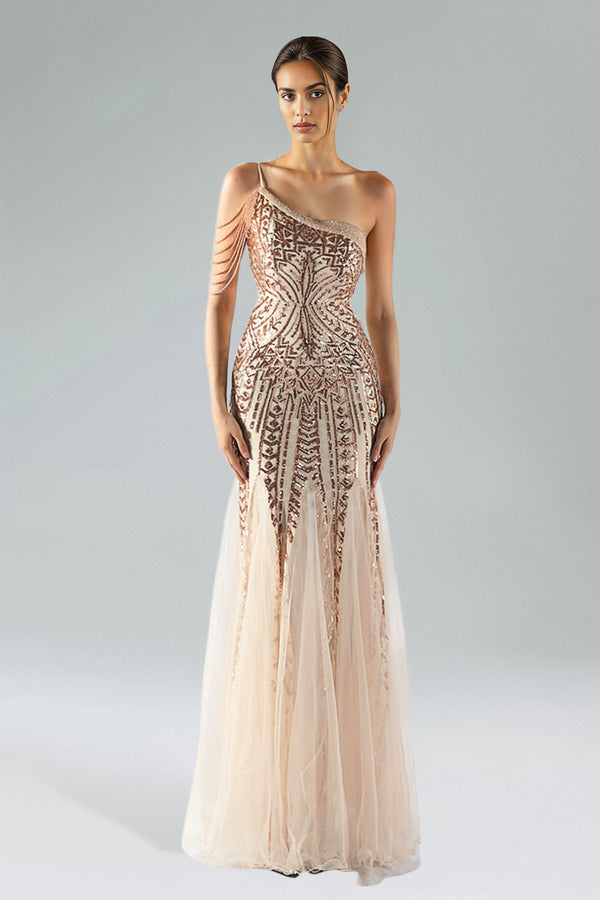 Elay Gold One-Shoulder Sequined Fishtail Dress