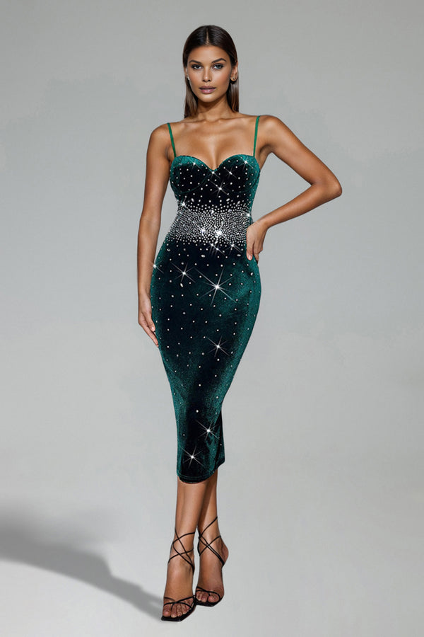 Lasa Corset Waist Rhinestone Midi Dress