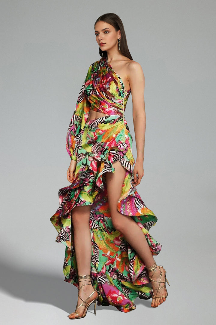 Whitley Flower Print One Shoulder Asymmetrical Dress - Floral