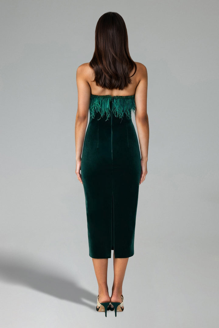 Rakel Feather Strapless Slim Midi Dress