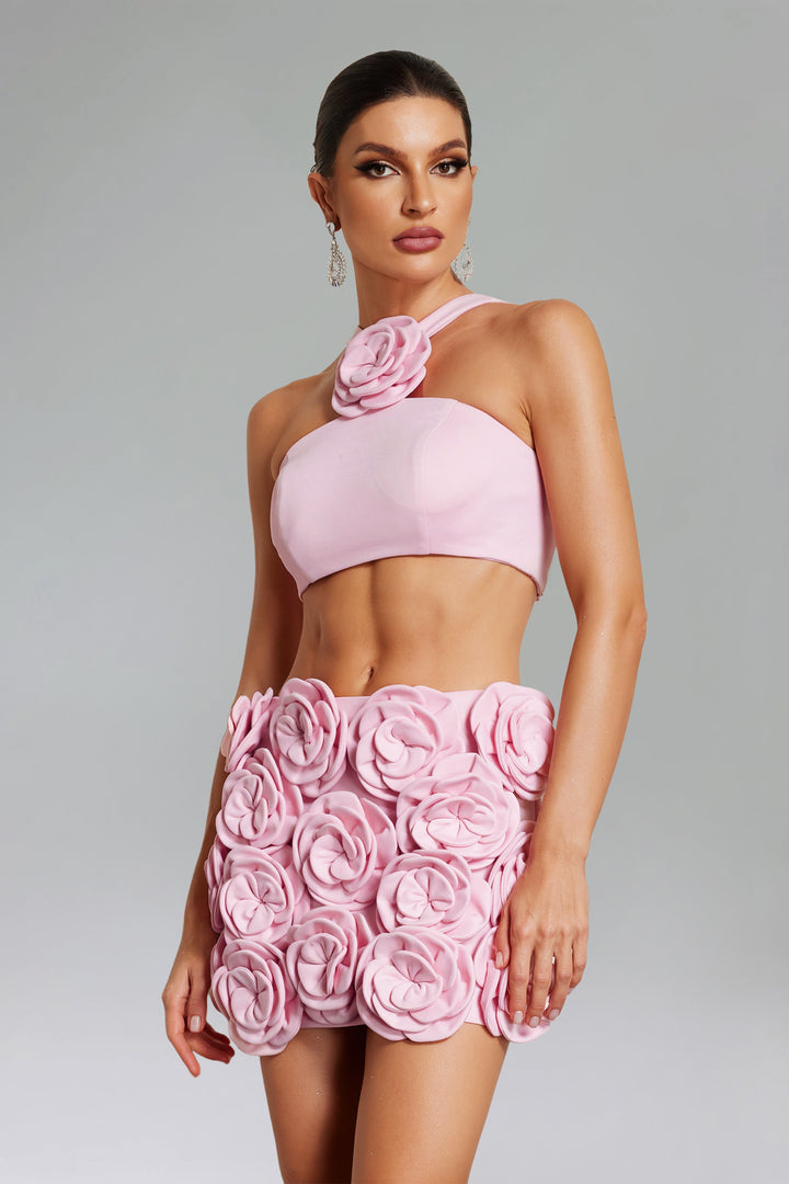 Ezgi Flower Halter Top Mini Skirt Set - Pink