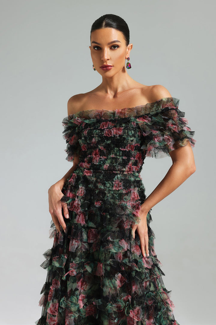 Elaba Off Shoulder Floral Mesh Maxi Dress - Black
