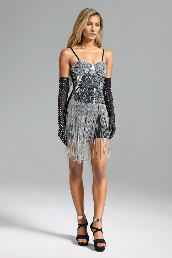 Falae Geometry Diamante Fringe Mini Dress