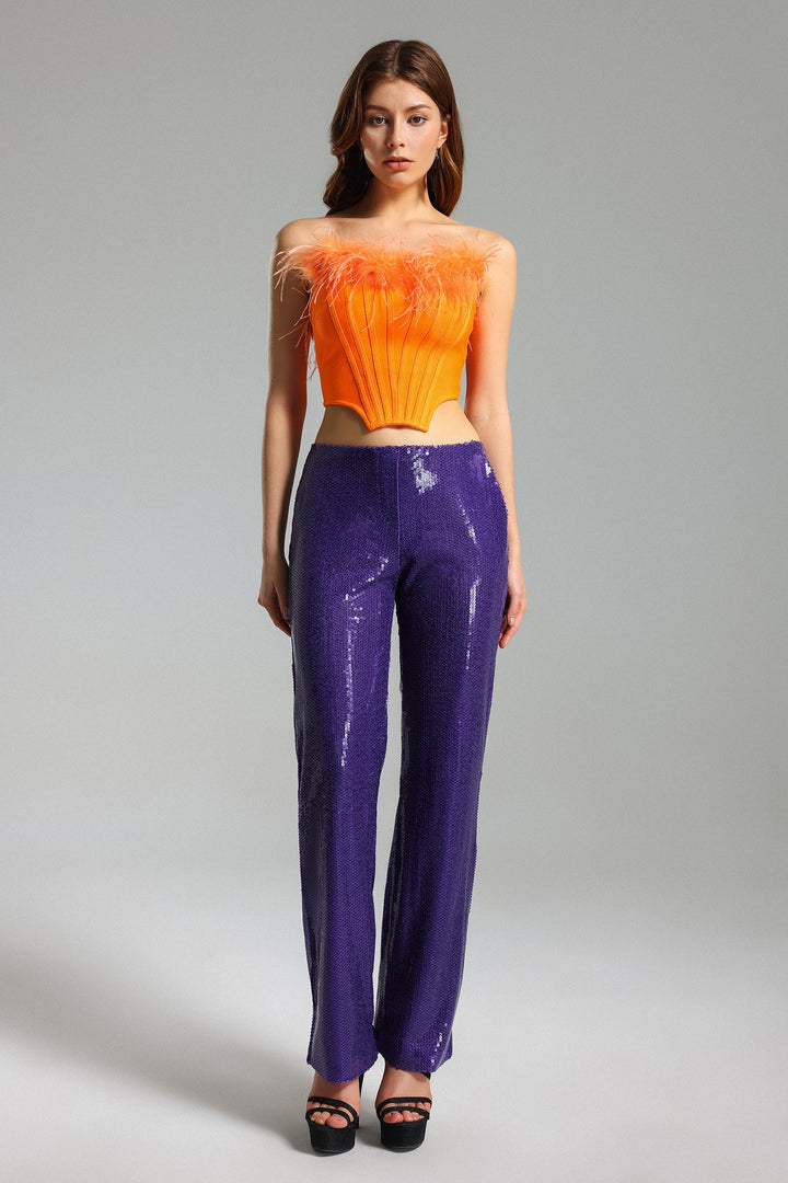 Gala Feather Top Sequins Pants Set