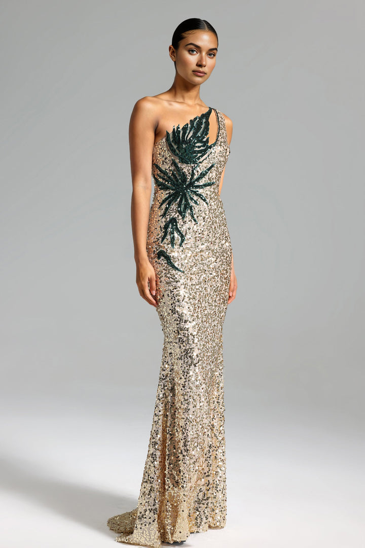 Gemma Sequins Leaf One Shoulder Dress