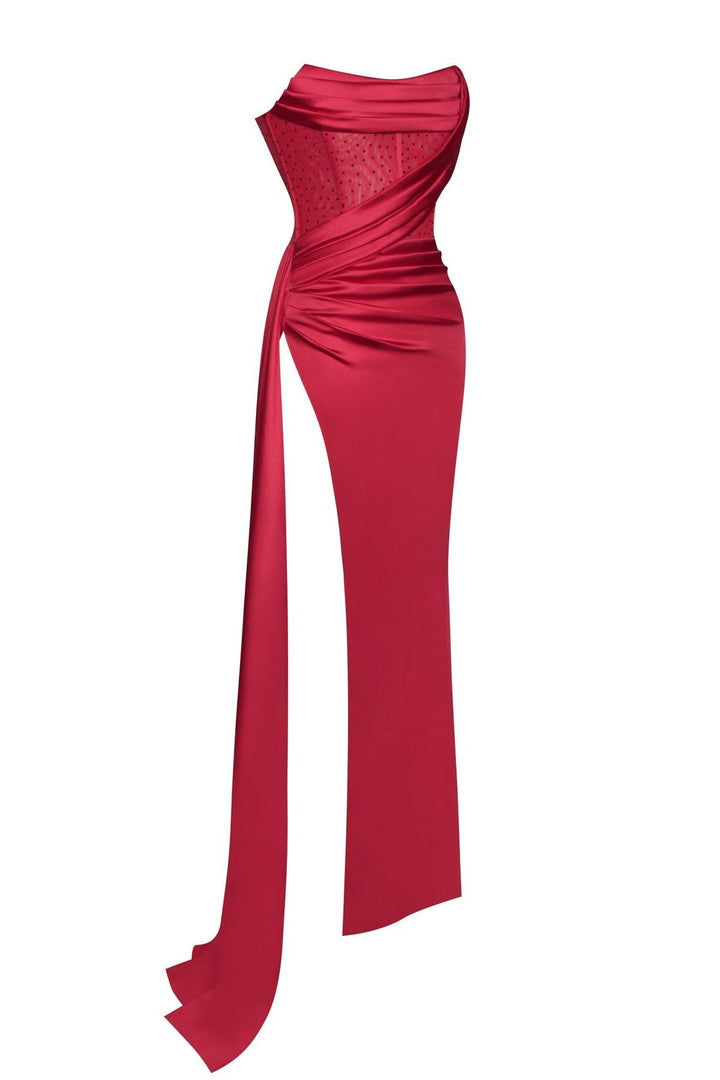 Haliya Crystallized Corset High Slit Gown - Red - Bellabarnett