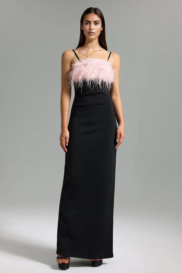 Henrietta Feather Side Slit Bandage Maxi Dress - Black