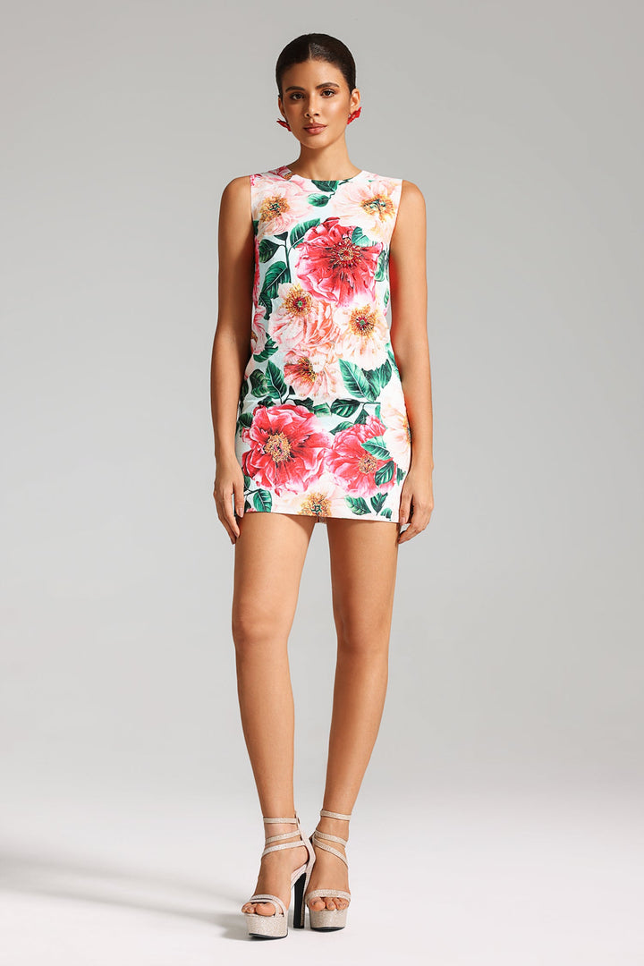 Katty Flower Print Diamante Mini Dress