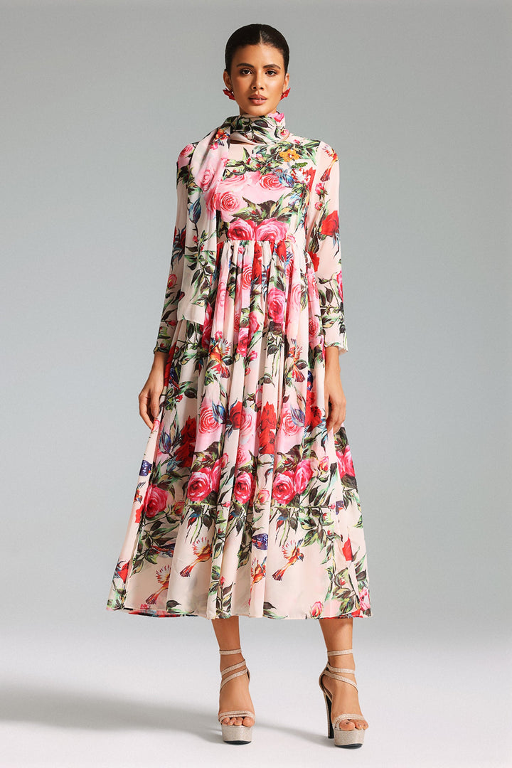 Lase Flower Print Chiffon Maxi Dress