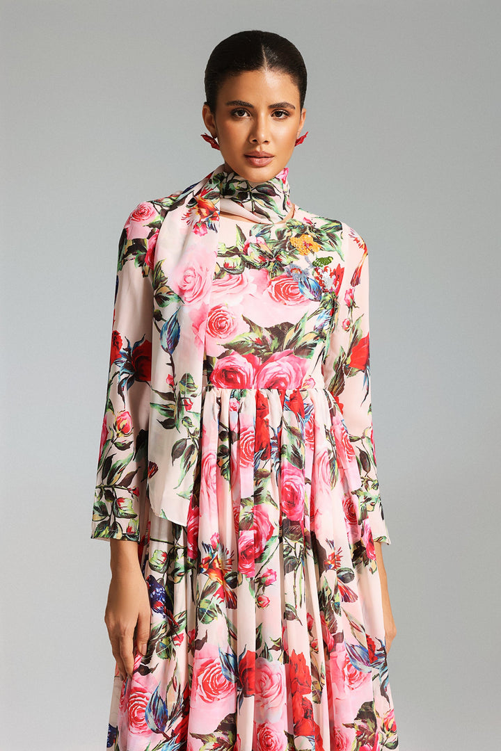 Lase Flower Print Chiffon Maxi Dress