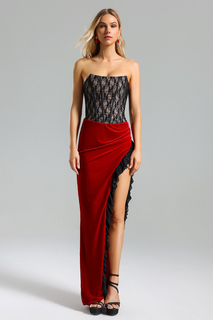 Lorin Lace Velvet Slit Dress