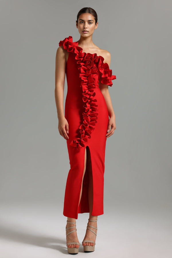 Marlina Ruffled Bandage Midi Dress - Red