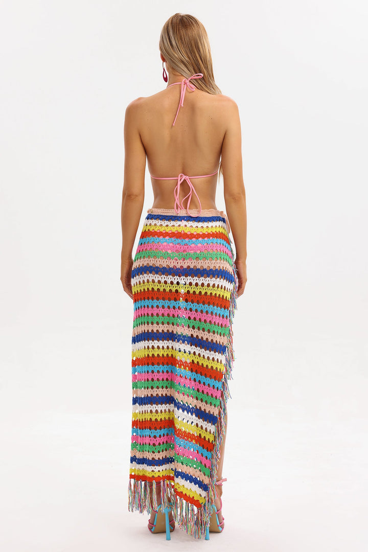 Nailah Knitted Stripe Fringe Slit Skirt
