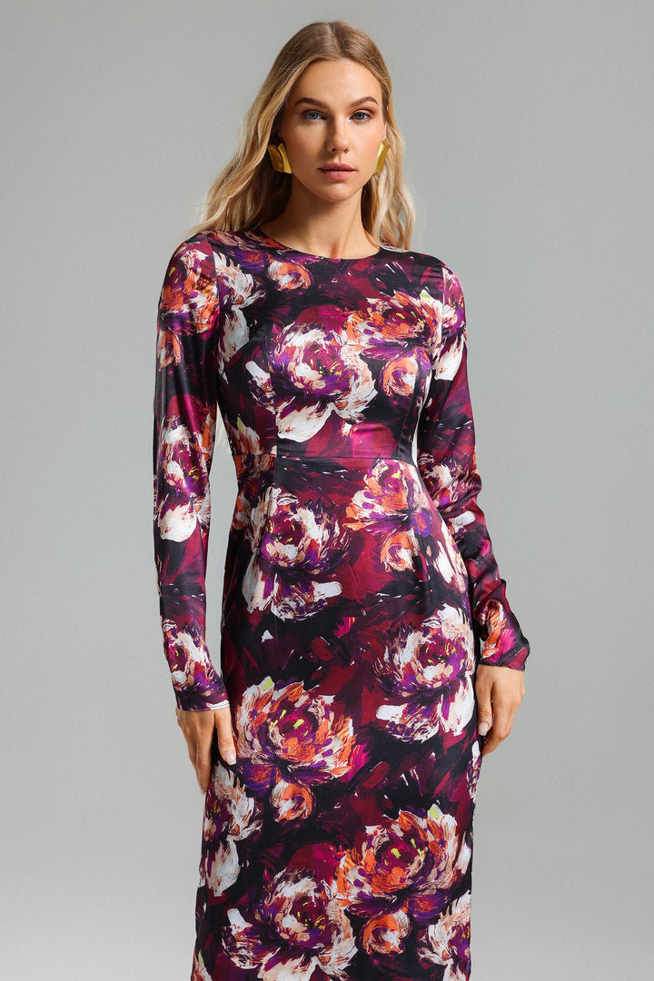 Pillnee Flower Print Satin Midi Dress