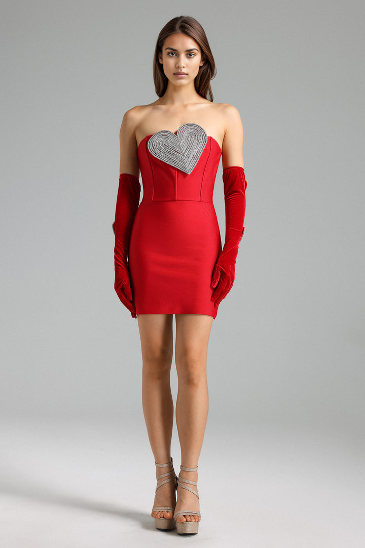 Ronja Diamante Heart Mini Dress - Red