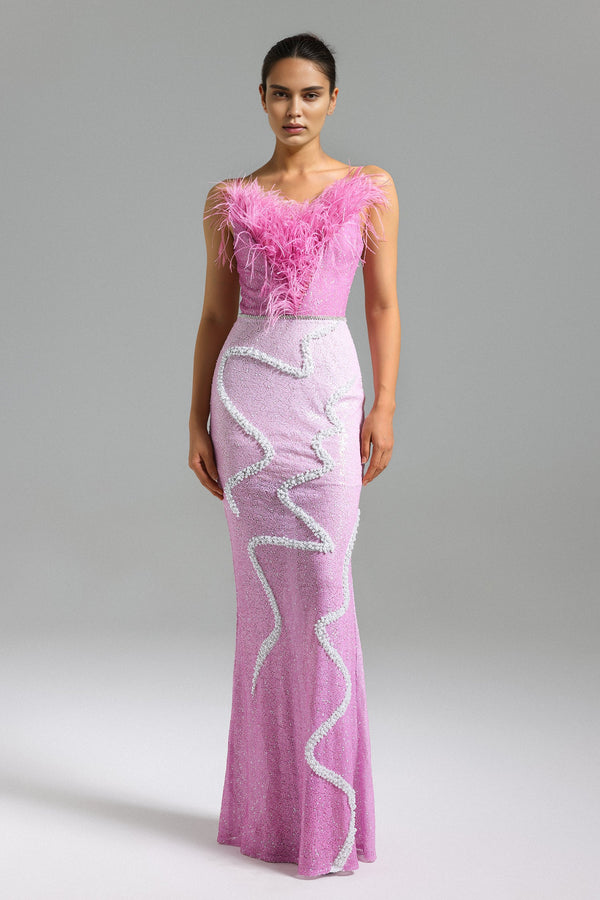 Ruthie Feather Top Pearls Sequins Maxi Dress - Pink
