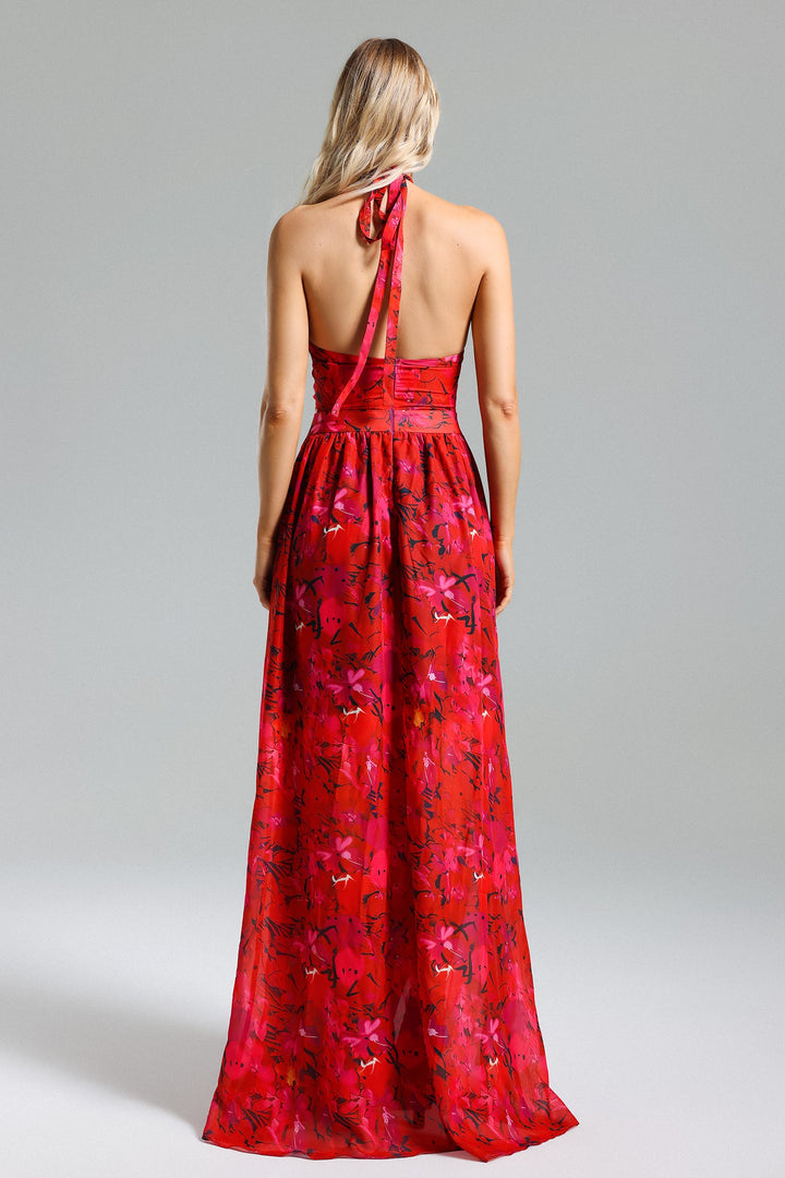 Spiral Flower Print Halter Cut Out Maxi Dress