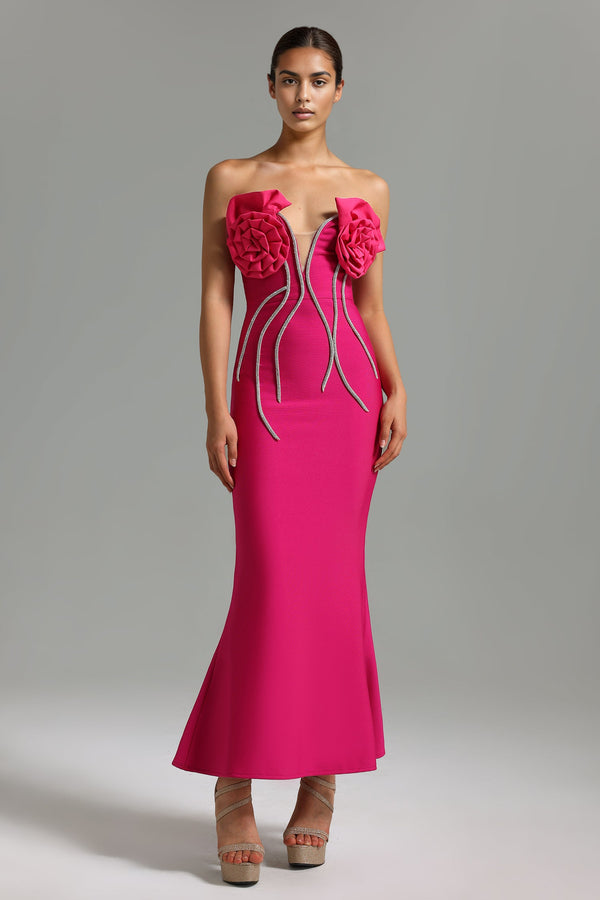 Stephanie Flowers Fishtail Bandage Midi Dress - Pink