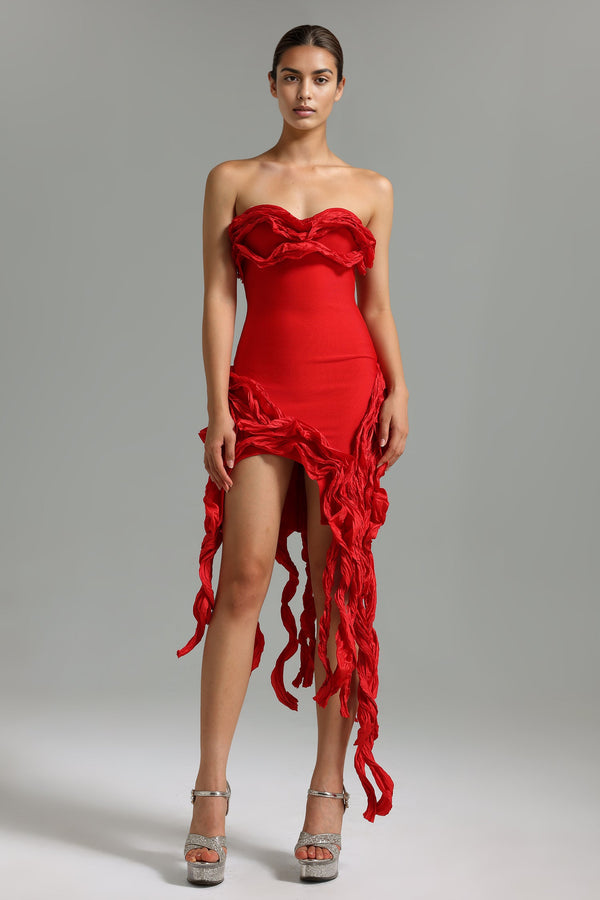 Tata Ruffled Open Shoulder Bandage Mini Dress - Red