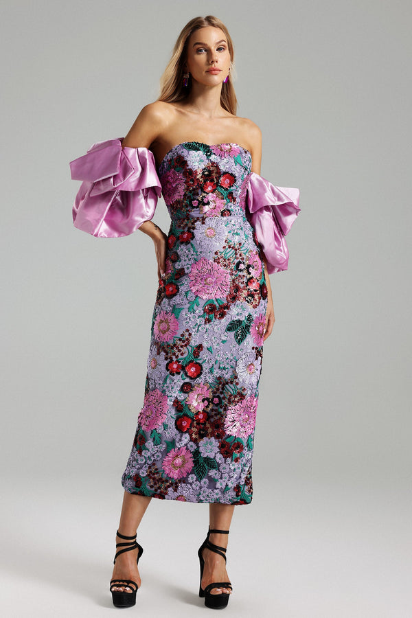 Vinly Flower Sequins Ruffled Shoulder Dress