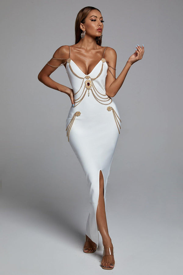 Sakina Metal Embellishment Maxi Dress-White - Bellabarnett