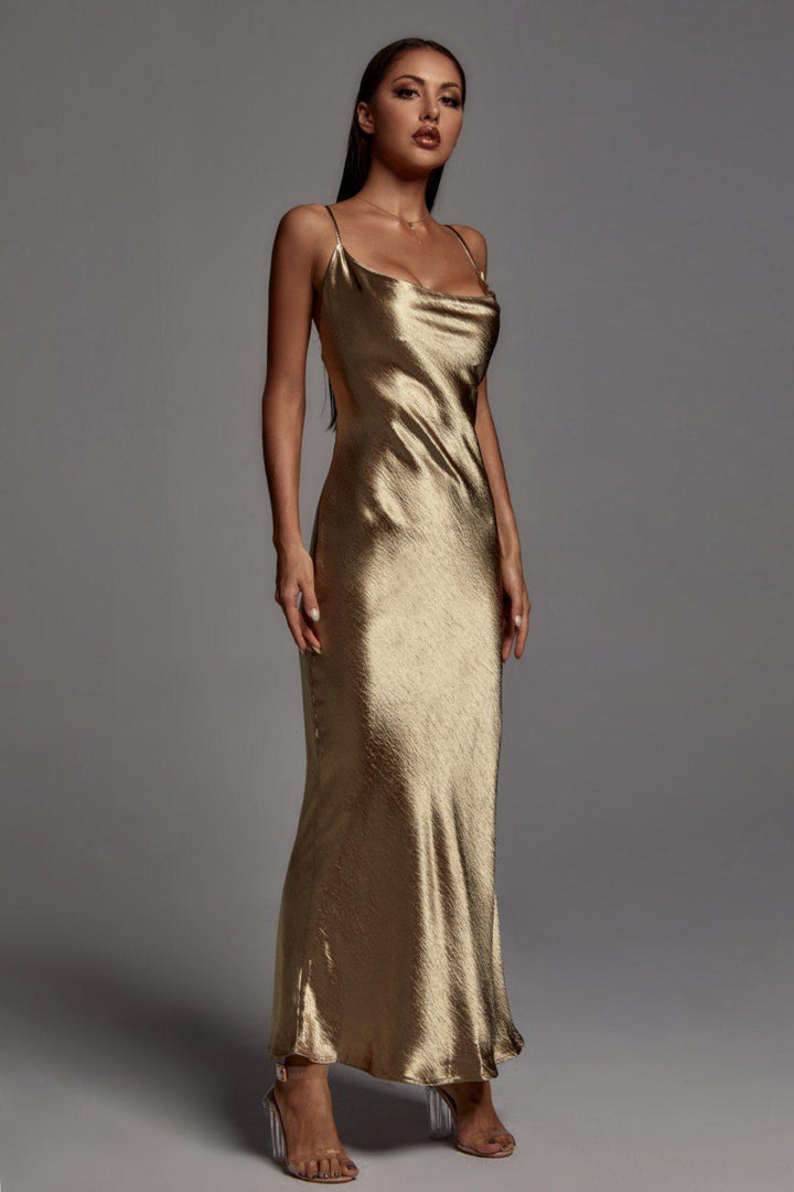 Emily Metallic Gold Maxi Dress - Bellabarnett