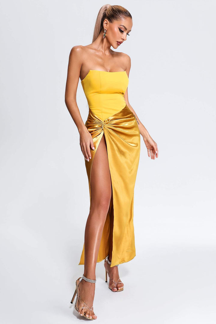 Falae Corset Satin Slit Midi Dress - Bellabarnett