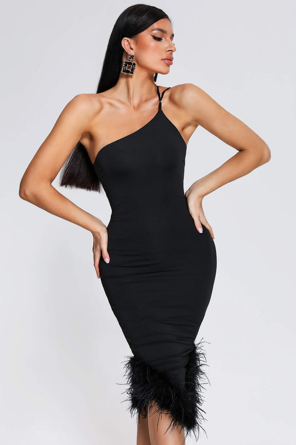 Rate Feather One Shoulder Midi Dress - Black - Bellabarnett