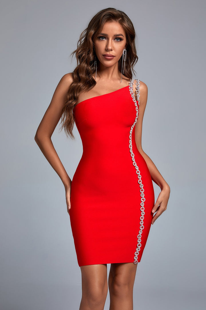 Mimia One Shoulder Chain Mini Bandage Dress - Red - Bellabarnett